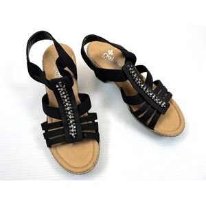 Rieker Black Strappy Sandals with Studded T-Strap